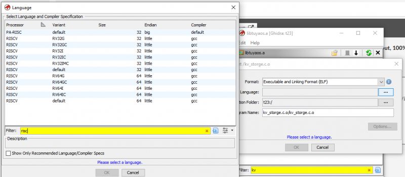 Language selection dialog in Ghidra