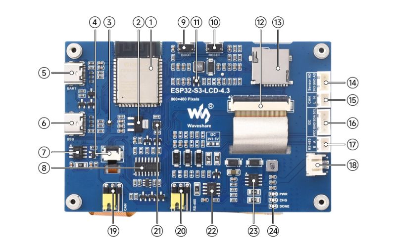 ESP32-S3 Touch LCD 4.3 Board Diagram Diagram of the ESP32-S3 Touch LCD 4.3 board with labeled and numbered connectors and electronic components.