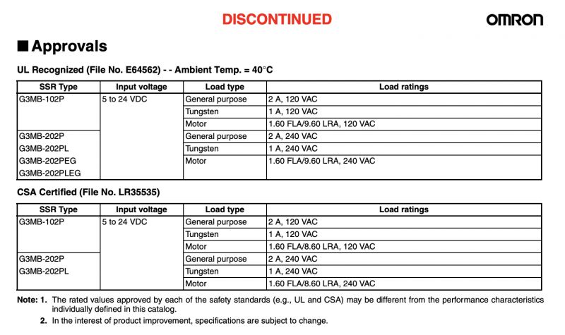 Specification table showing Omron G3MB relays with SSR types and technical data.