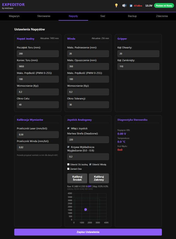 Robot drive settings panel with track, lift, and gripper parameters