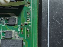 Missing D3 and Q1 components on PCB Close-up of a PCB with missing D3 diode and Q1 transistor