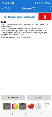 Zrzut ekranu z aplikacji diagnostycznej pokazujący błąd kamery cofania w samochodzie.