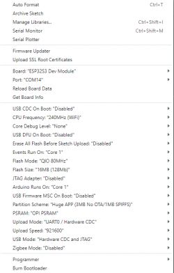 Tool menu with ESP32 module settings.