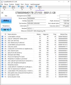 Zrzut ekranu CrystalDiskInfo z danymi SMART dysku ST8000NM017B 8TB