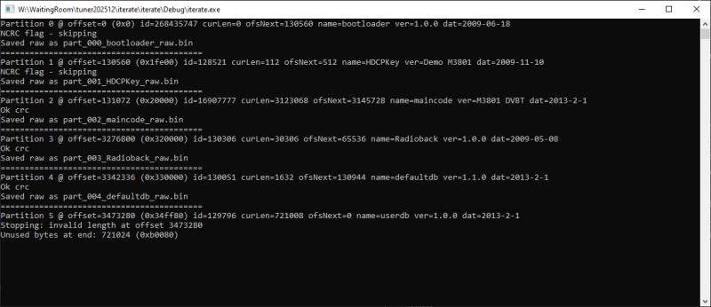 Screenshot of a program displaying the Flash memory partition structure of the TE 1050 HD tuner