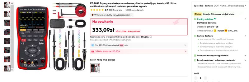 Zestaw oscyloskopu ZT-703S z akcesoriami i szczegółami oferty na stronie sklepu