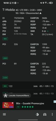 Zrzut ekranu z aplikacji diagnostycznej sygnału LTE T‑Mobile z danymi RSRP i RSRQ