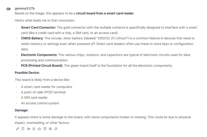 Description of Circuit Board from Smart Card Reader Screenshot of a description of a circuit board from a smart card reader.