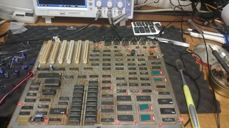 Modern Agat-9 computer motherboard on a workbench.