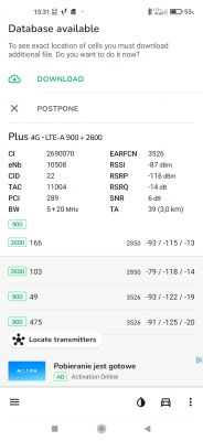 Zrzut ekranu z pomiarami sygnału sieci komórkowej Plus 4G LTE-A.