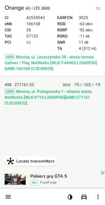 Zrzut ekranu wyników testu zasięgu sieci Orange dla LTE 2600.