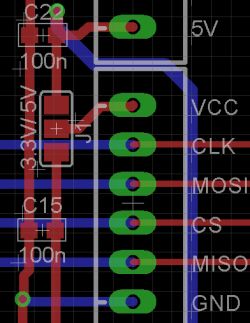 Fragment of a printed circuit board design with visible traces and pin labels.