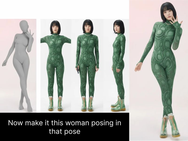 Kolaż przedstawiający modelkę w zielonym kombinezonie ustawioną w różnych pozach, wraz z szarym manekinem w jednej z póz i napisem: „Now make it this woman posing in that pose”.