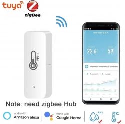 ZigBee temperature and humidity sensor with smartphone app display.
