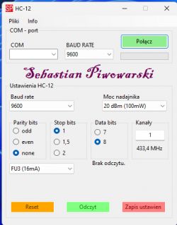 Interfejs programu do ustawień HC-12 z menu konfiguracyjnym.