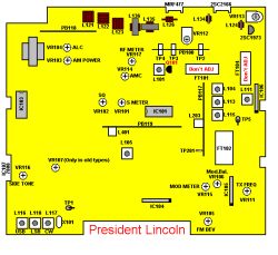 Schemat rozmieszczenia elementów na płycie głównej radia President Lincoln z zaznaczonymi punktami pomiarowymi i potencjometrami.
