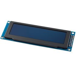 LCD display with a blue background on a blue circuit board with pins on the right side.