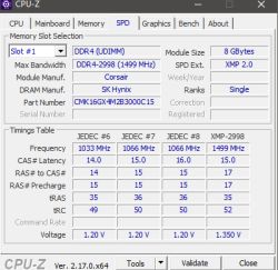 Zakładka SPD w CPU-Z pokazująca szczegóły pamięci DDR4 od Corsair.