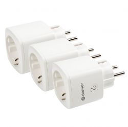 Three Denver SHP 102 smart plugs arranged in a row.