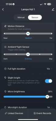 App screen for Lampa Hol 1 with sensor settings.