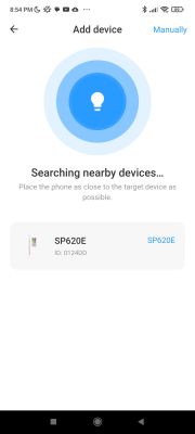 Searching for SP620E Devices in Smartphone App Smartphone app searching for nearby devices, with device SP620E visible on the list.