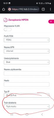 Ekran zarządzania ustawieniami sieciowymi na routerze z włączonym trybem mostu.