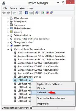 Menedżer urządzeń z zaznaczoną opcją odinstalowania koncentratora USB