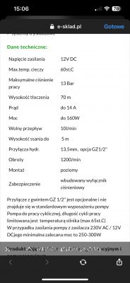 Zrzut ekranu z danymi technicznymi pompy wraz z opisem parametrów.