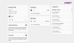 Home Assistant User Interface with MQTT Home Assistant user interface showing device, control, sensors, and logs cards.