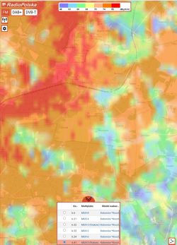 Kolorowa mapa RadioPolska zasięgu DVB‑T wokół Olkusza z legendą dB(µV/m) i listą MUX