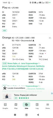 Zrzut ekranu z aplikacji NetMonster pokazujący parametry sieci LTE dla SIM1 (Play) i SIM2 (Orange)