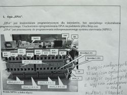Zdjęcie wydruku dokumentacji sterownika PLC „EPIA” z opisem złączy i ręcznymi notatkami technicznymi z boku.