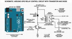 Schemat sterowania przekaźnikiem z Arduino UNO przez tranzystor i diodę 1N4007, z obciążeniem po stronie styków