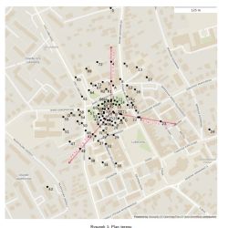 Mapa zasięgu BTS z zaznaczonymi kierunkami sektorów i punktami pomiarów w centrum miasta