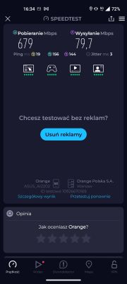 Zrzut ekranu z aplikacji Speedtest pokazujący prędkość pobierania 679 Mbps i wysyłania 79,7 Mbps w sieci 5G Orange.