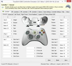 Zrzut ekranu z aplikacji TocaEdit X360 Controller Emulator pokazujący konfigurację kontrolera Xbox 360.