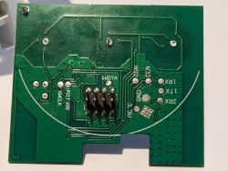 Touch Switch PCB with Soldering Pads Close-up of the backside of a touch switch PCB with labeled soldering pads and an 8-pin connector.
