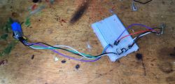 Electronic Circuit Prototype on Breadboard Breadboard prototype with wires and connected USB power supply