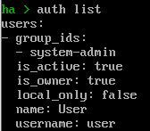 Screenshot showing the auth list command in Home Assistant.