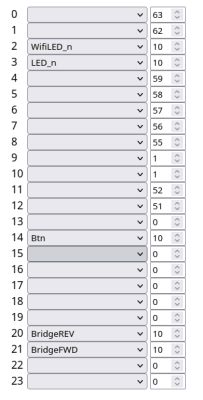 Dropdown list with assigned pin names and numeric values in a 24-row table