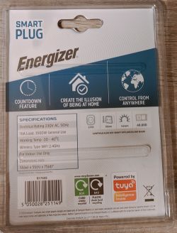 Energizer Wi-Fi Smart Plug Packaging - Back Back of the Energizer Wi-Fi smart plug packaging with technical information and specs.