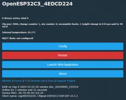 OpenESP32C3_4EDCD224 web interface displaying configuration, restart, and launch web application buttons.