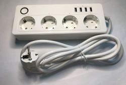 White power strip with four outlets, four USB ports, and a coiled white power cable