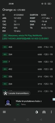 Zrzut ekranu z aplikacji HManager pokazujący parametry sieci LTE Orange na paśmie 800 MHz.