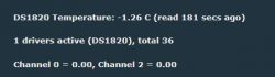 Screenshot showing temperature readings from the DS1820 sensor.