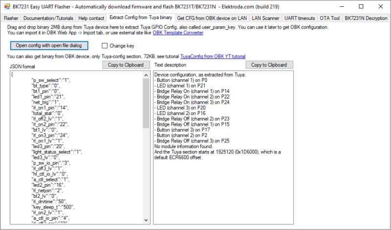 Screenshot of BK7231 Easy UART Flasher showing Tuya GPIO config in JSON and text