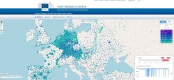 Zrzut ekranu mapy Europy z punktami pomiaru promieniowania i legendą nSv/h