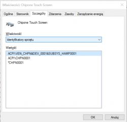 Zrzut ekranu z okna właściwości urządzenia Chipone Touch Screen.