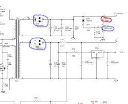Fragment schematu z zaznaczonymi D701, D702, Q701 i rezystorem R715 100Ω przy V-INVERTER