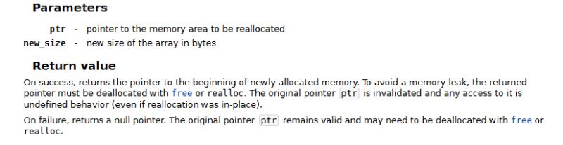 Screenshot of realloc documentation with “Parameters” and “Return value” sections